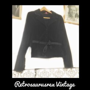 𝅺vintage Y2K Black Velvet Goth Blazer Jacket with Tie Closure, XL